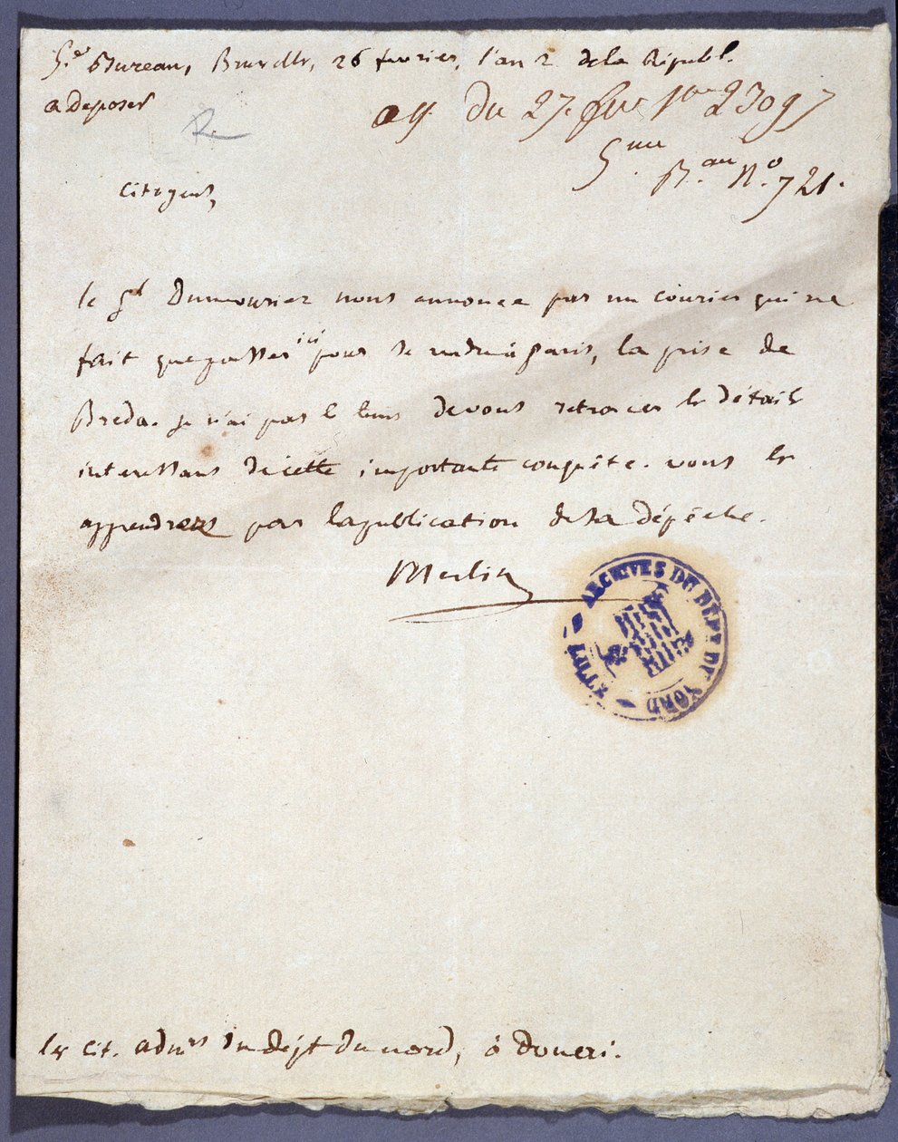 Rewolucja Francuska: odręcznie napisany list z dnia 26.02.1793 od denomme Merlin w sprawie zdobycia miasta Breda w Holandii 24 lutego przez generała Dumourieza. Archiwum departamentalne Nord Lille autorstwa Unknown artist