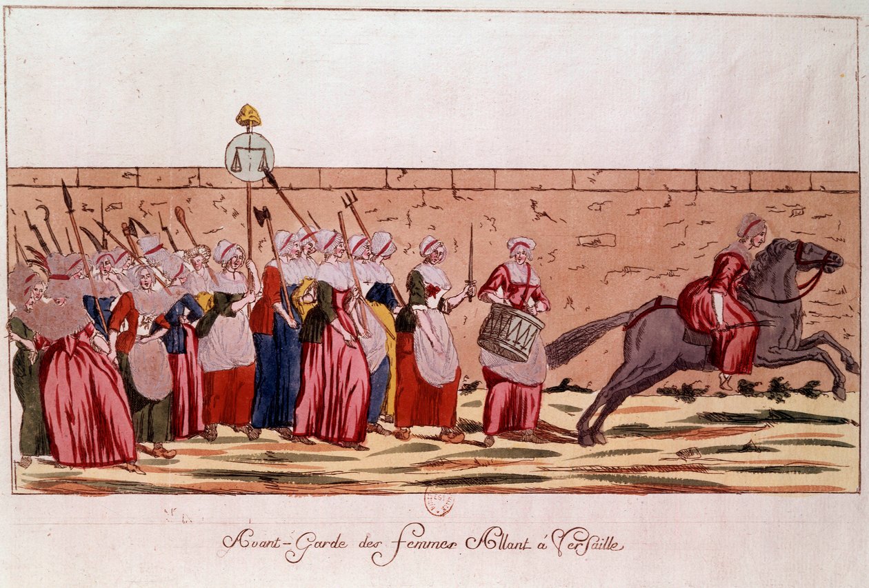 Rewolucja francuska 1789: awangarda kobiet jadących do Wersalu 5 października 1789. Rycina z XVIII wieku. Paryż, B.N. autorstwa Unknown artist