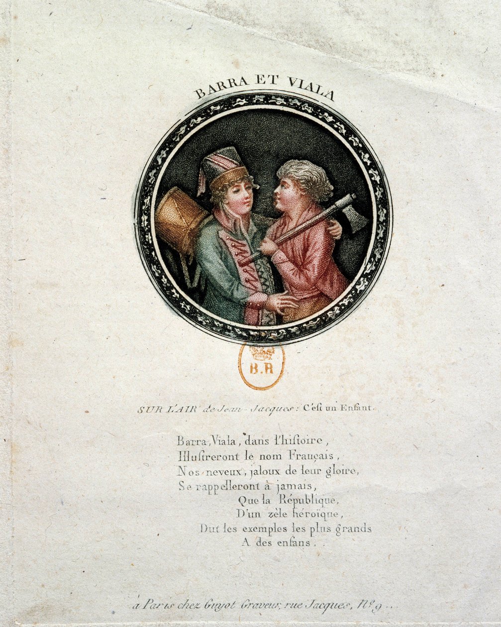 Rewolucja Francuska: reprezentacja Barry i Viali. Joseph Agricol Viala (1780-1793) i Joseph Bara (1780-1793), bohaterowie Rewolucji Francuskiej, którzy walczyli odpowiednio w Marsylii i Vendee dla Republiki. Grawerowanie XVIII wieku autorstwa Unknown artist
