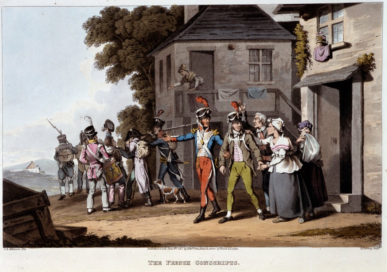 Francuscy poborowi, ok. 1814 r. - w „Anegdotach i incydentach historycznych, wojskowych i morskich, które dotarły do ramion Wielkiej Brytanii i ich sojuszników, zakończone w Waterloo” Edwarda Orne autorstwa Unknown artist
