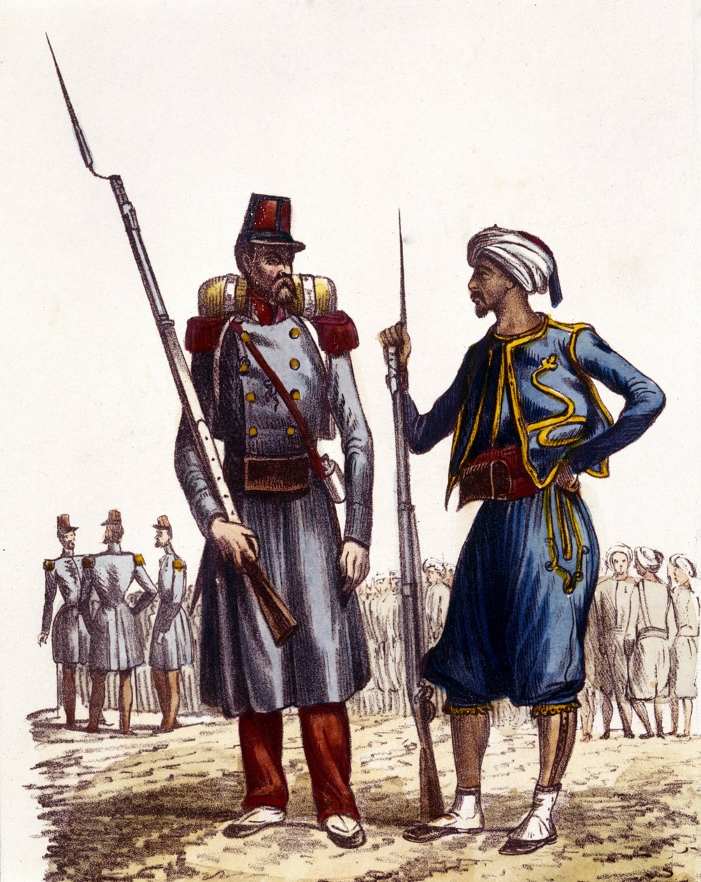 Francuski mundur wojskowy: po lewej utworzono legion obcych i wysłany do Algierii w 1831 r. Po prawej rdzenni jeźdźcy, przeszkoleni i wysłani do Algierii w 1841 r. W L