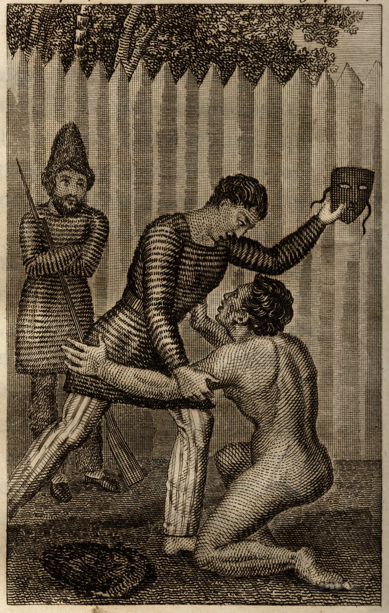 Piątek zostaje rzucony w ramiona Robinsona Crusoe, grawer zamieszczony w „Les aventures de Robinson Crusoe” Daniela Defoe autorstwa Unknown artist