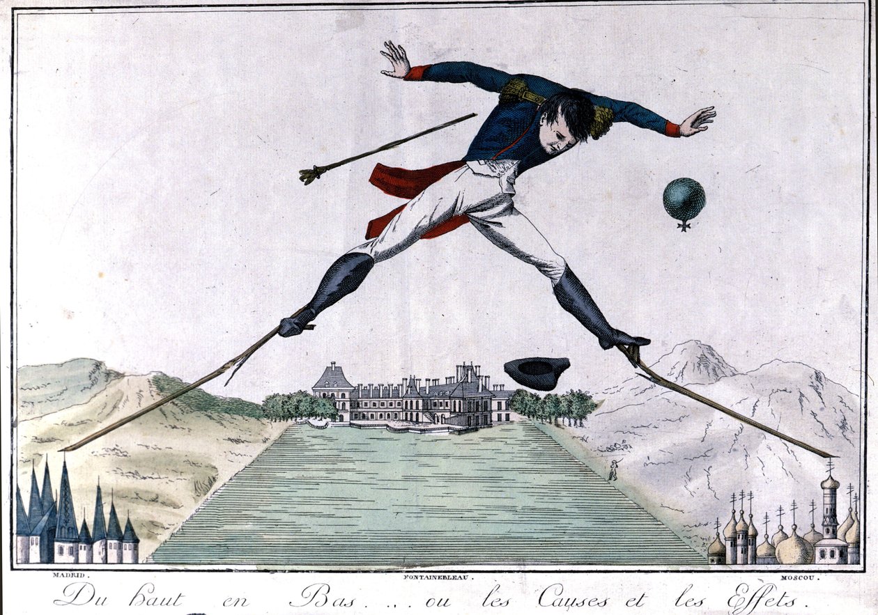 Od góry do dołu... czyli przyczyny i skutki. Karykatura o abdykacji Napoleona I do Fontainebleau po wojnie hiszpańskiej i odwrocie Rosji. 1814. Mediolan autorstwa Unknown artist