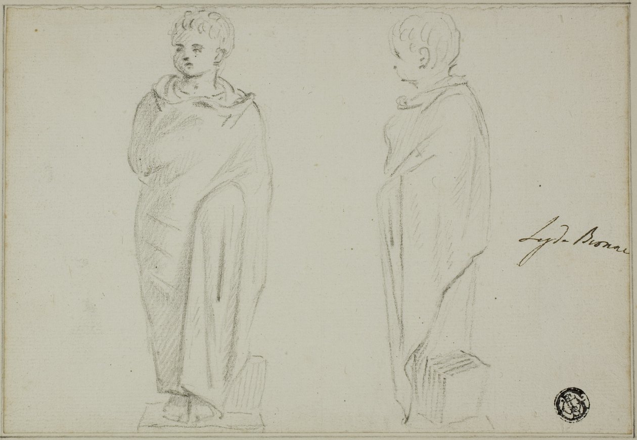 Widok z przodu i z boku posągu chłopca ubranego w toga autorstwa Unknown artist