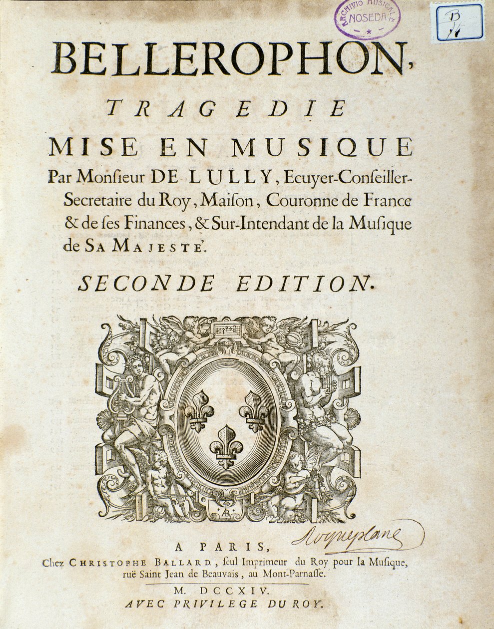 Frontyspis „” Bellerophon „” Tragedia Lyrique w pięciu aktach z prologiem Jeana Baptiste Lully (Giovanni Battista Lulli) (Jean-Baptiste) (1632-1687). 1714. autorstwa Unknown artist