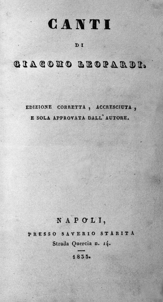 Frontyspicjum „Canti” (Pieśni) włoskiego poety Giacomo Leopardiego (1798 - 1837) 1835 autorstwa Unknown artist