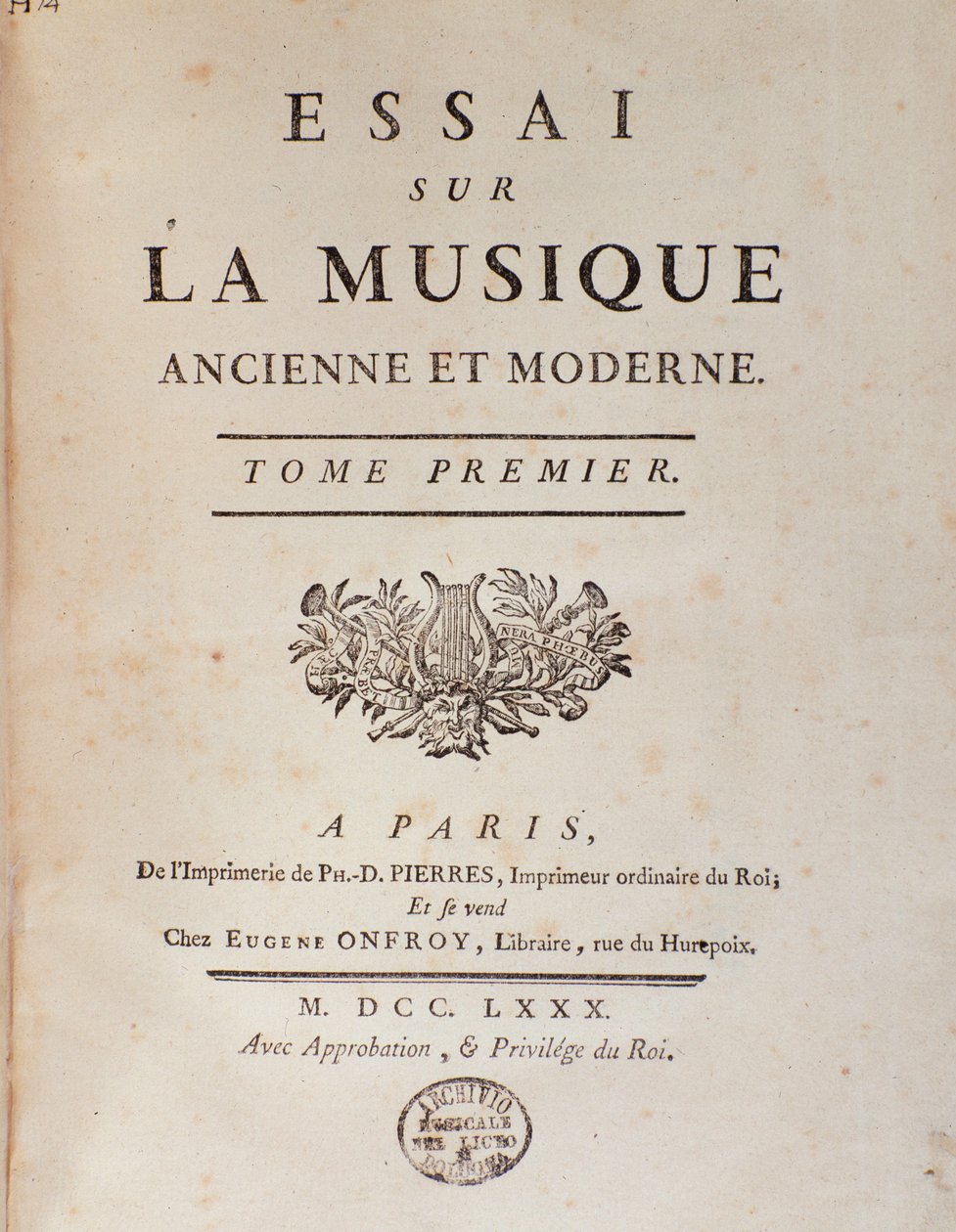 Frontyspis „”Esej o muzyce dawnej i współczesnej”” Jeana Benjamina de Laborde (Jean-Benjamin de La Borde) (1734-1794) 1780 Bolonia, civico museo musicale autorstwa Unknown artist