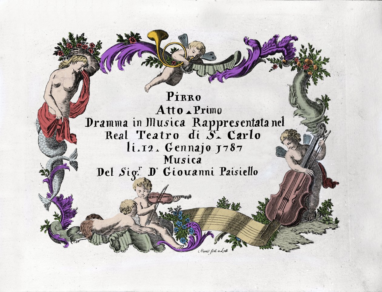 Frontyspicjum „” Pirro”” Giovanniego Paisiello (lub Paeseello lub Paesieillo) (1740-1816), włoskiego kompozytora. 1787 autorstwa Unknown artist