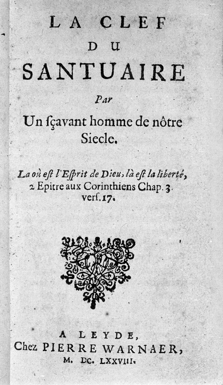 Frontyspicjum „Klucza do sanktuarium” Barucha Spinozy (1632-1677), holenderskiego filozofa znanego również jako Bento de Espinosa lub Benedictus de Spinoza lub Benoit de Spinoza. 1678 autorstwa Unknown artist