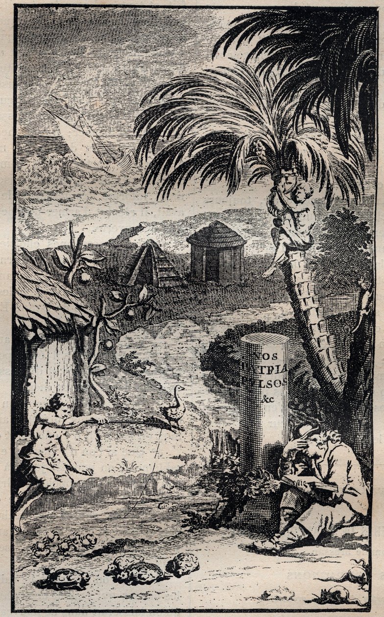 Frontyspis książki „Podróże i przygody Francois Leguat i jego towarzyszy na dwóch bezludnych wyspach Indii Wschodnich” autorstwa Francois Leguat (1637-1735) Francuski odkrywca - 1708 autorstwa Unknown artist