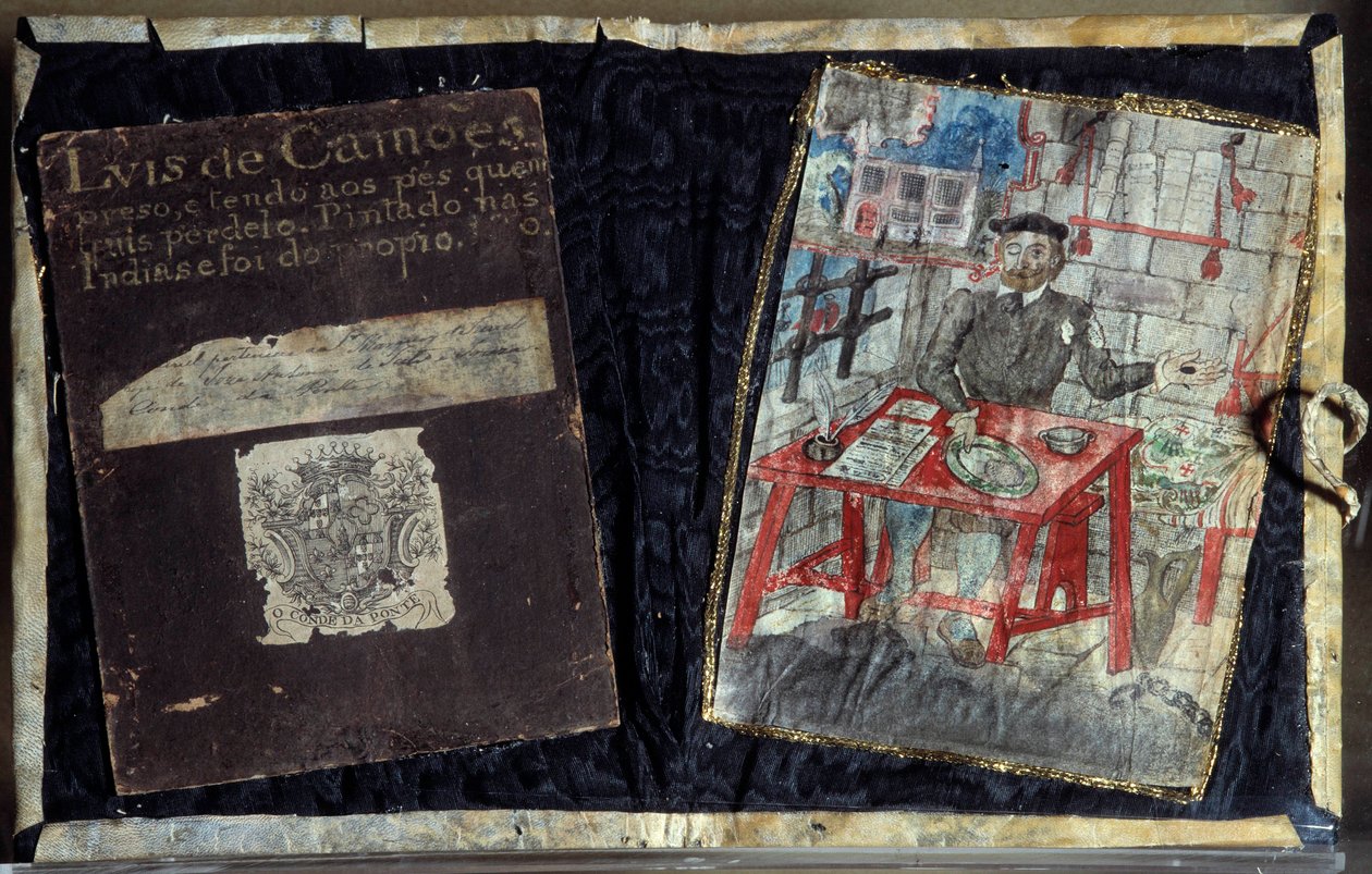 Frontyspicjum zbioru wierszy portugalskiego poety Luisa Vaz de Camoes, zwanego Camoans (1525-1580). Poeta jest tam więziony. Lizbona, Narodowe Muzeum Sztuki Starożytnej autorstwa Unknown artist