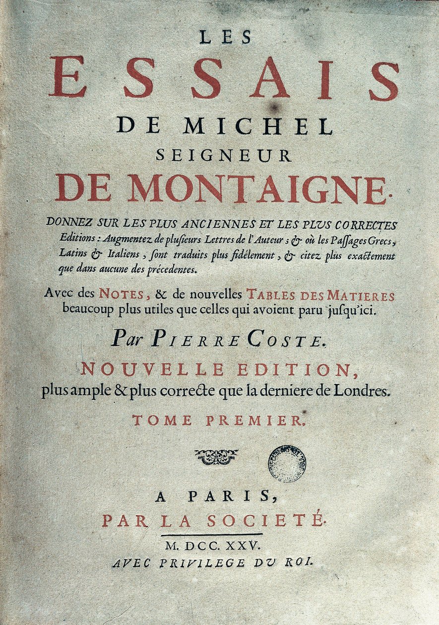 Frontyspis „Les essays” francuskiego pisarza i humanisty Michela de Montaigne (1533-1592). 1725 Barcelona. Biblioteka Katalonii autorstwa Unknown artist