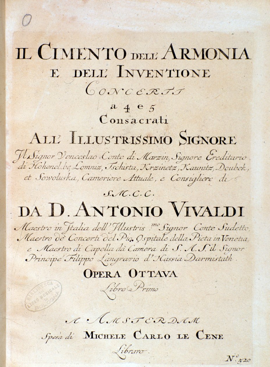 Frontyspis partytury muzycznej skrzypiec w koncercie V w Próbie harmonii i inwencji włoskiego kompozytora Antonio Vivaldi autorstwa Unknown artist