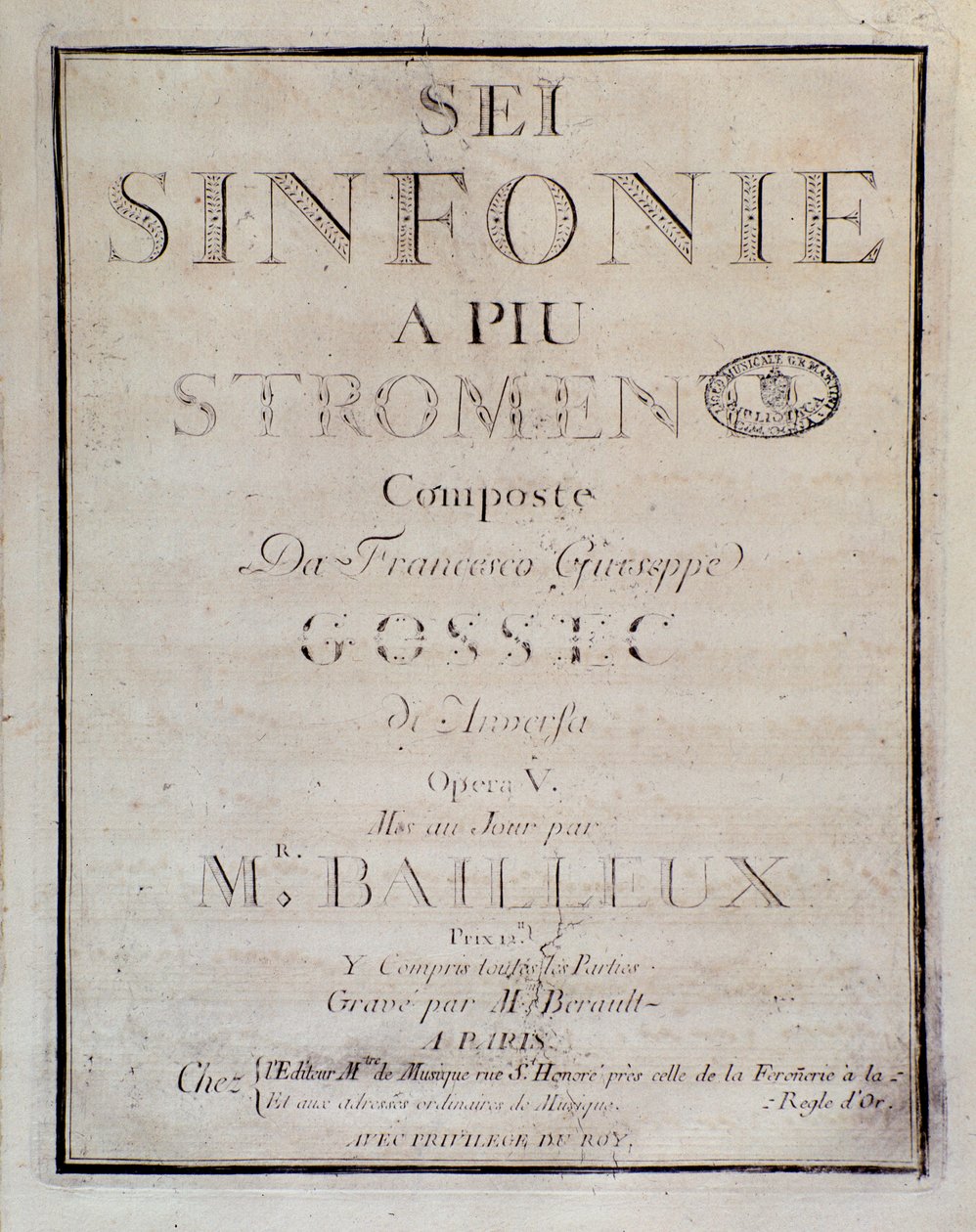 Frontyspis partytury do Sei sinfonie a piu strumenti op. 5 (pierwsza symfonia) Francois Joseph Gossec autorstwa Unknown artist
