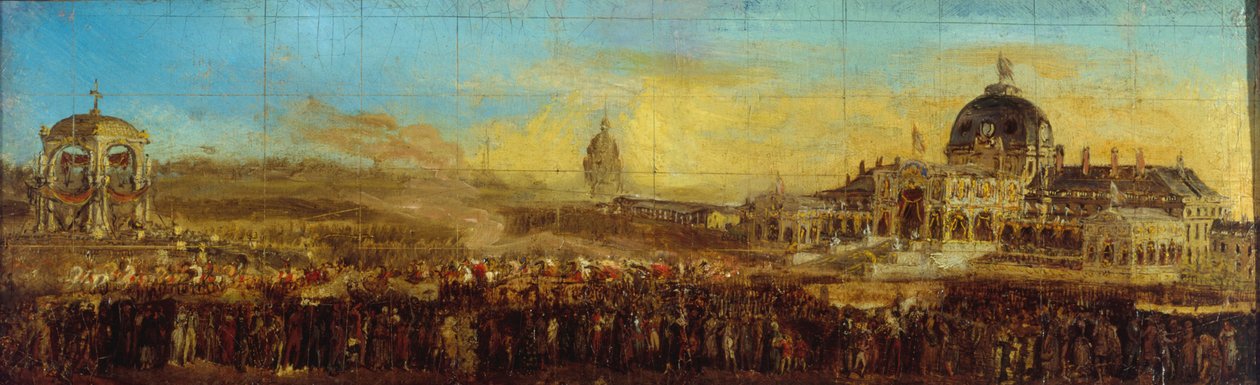 Uroczystość 10 maja 1852 r. na Polach Marsowych; odjazd księcia-prezydenta po pobłogosławieniu flag. Obecna 7. dzielnica, Paryż, w latach 1847-1857 (olej na płótnie) autorstwa Unknown artist