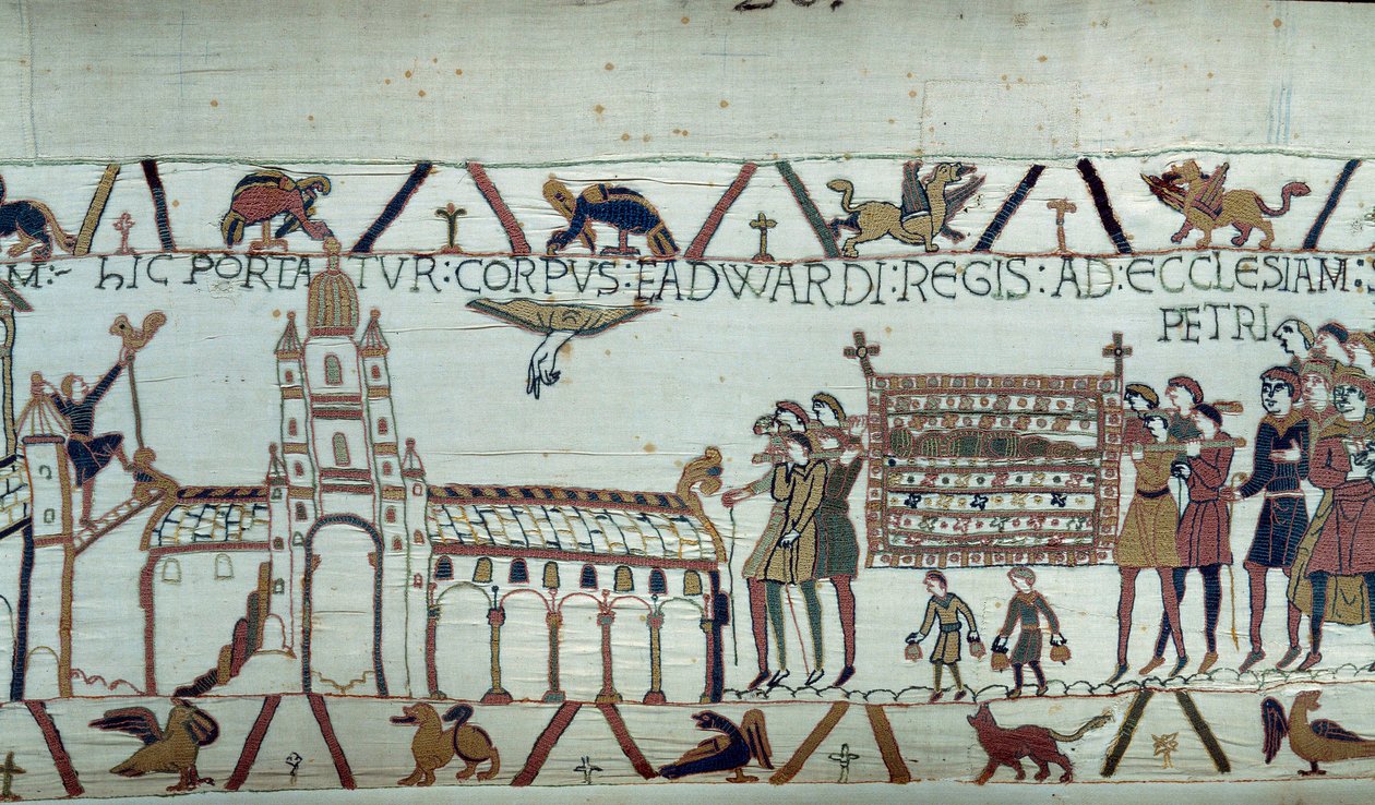 Pogrzeb króla Edwarda Wyznawcy Anglii, jego ciało zostaje przewiezione do kościoła św. Piotra Szczegół gobelinu z Bayeux lub haftu królowej Matyldy autorstwa Unknown artist