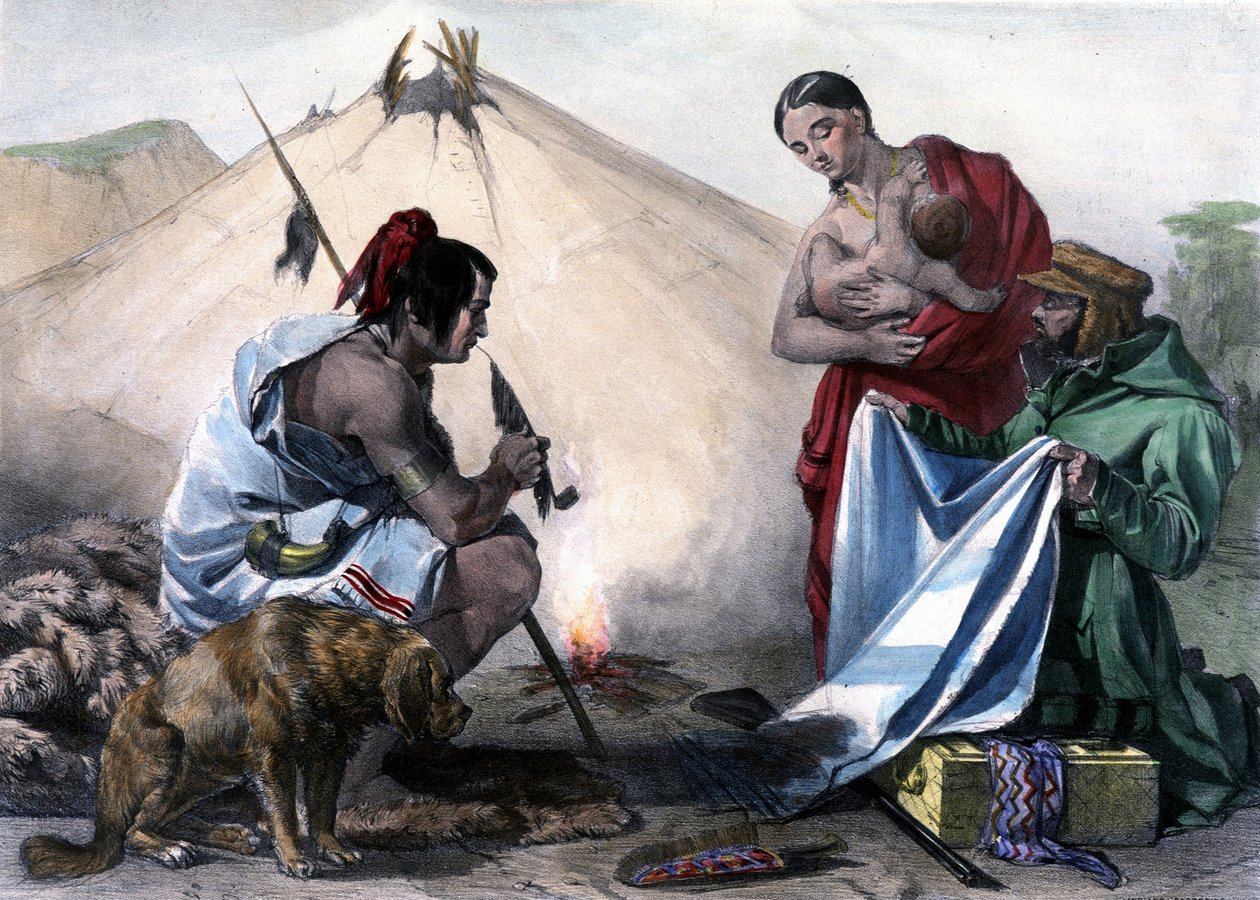 Wymiana futra na tkaninę między kanadyjskimi Indianami Huron a białym człowiekiem - w „Szkicach Shytha w Kanadzie” Coke Smyth, Londyn autorstwa Unknown artist