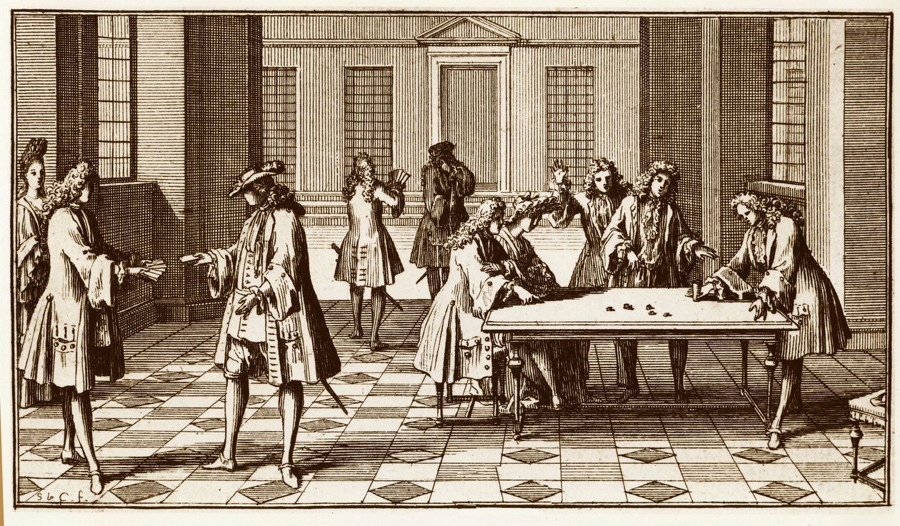 Pokój gier w XVIII wieku - Grawerowanie autorstwa Sebastiena Le Clerc w „Essay d