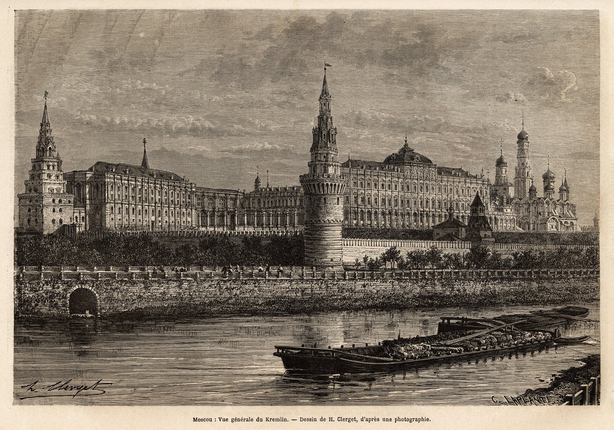 Ogólny widok Kremla, geograficznego centrum Moskwy i politycznego centrum Rosji, sąsiedztwo zbudowane w XIV wieku zawsze było rozbudowywane i odnawiane w historycznych perypetiach kraju. Grawerowanie ilustrujące La Rus autorstwa Unknown artist