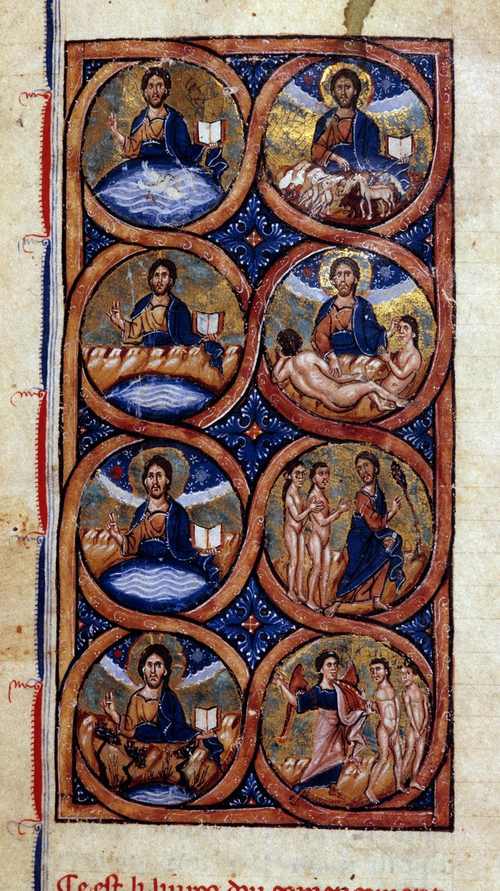 Geneza: przedstawienie różnych etapów tworzenia świata (kosmogonii). Miniatura z rękopisu „Historia powszechna”” XIII wiek. Biblioteka Miejska w Dijon autorstwa Unknown artist