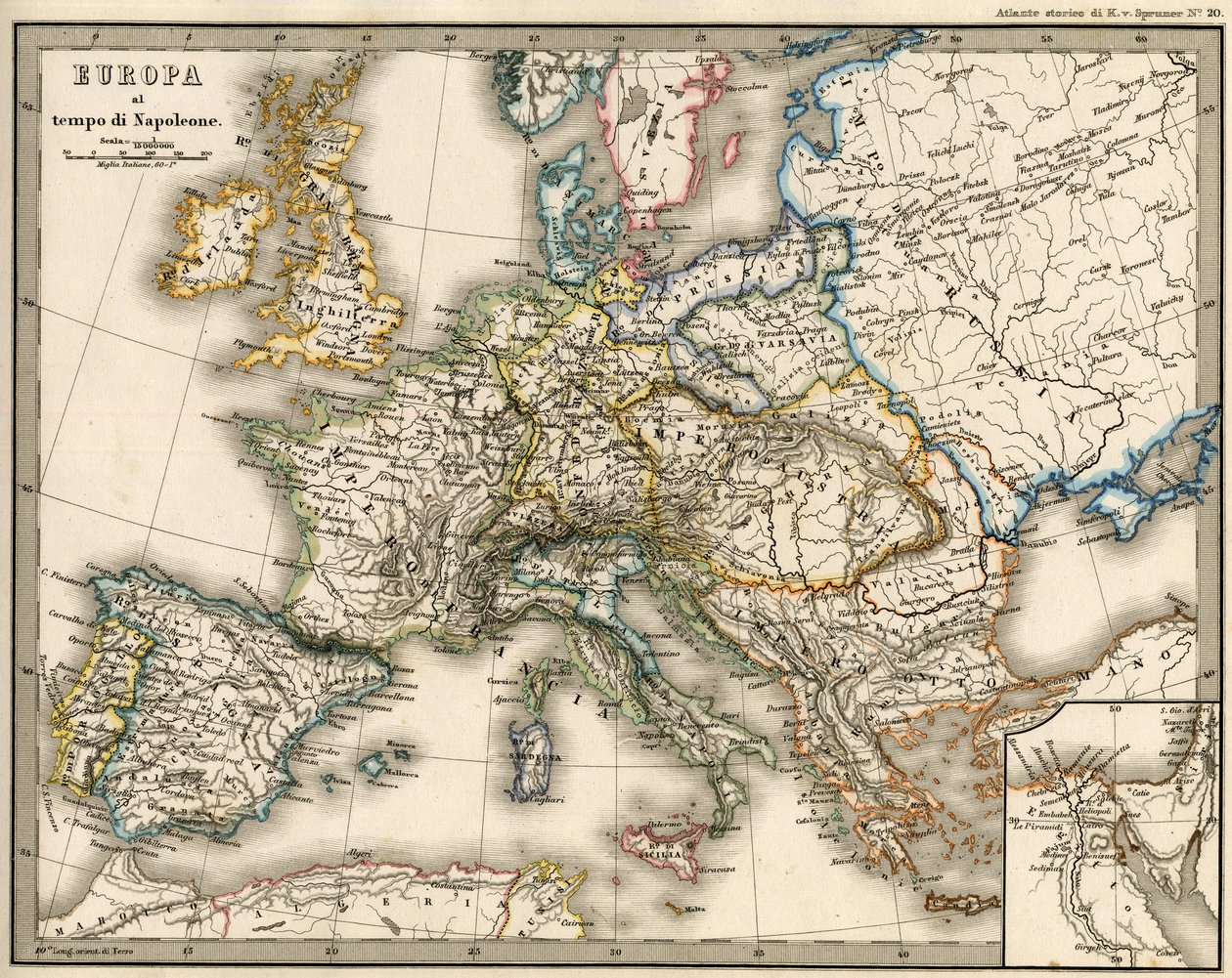 Mapa geograficzna Europy w czasach Napoleona I. W „Atlante Storico Geografico” K. von Srunera autorstwa Unknown artist