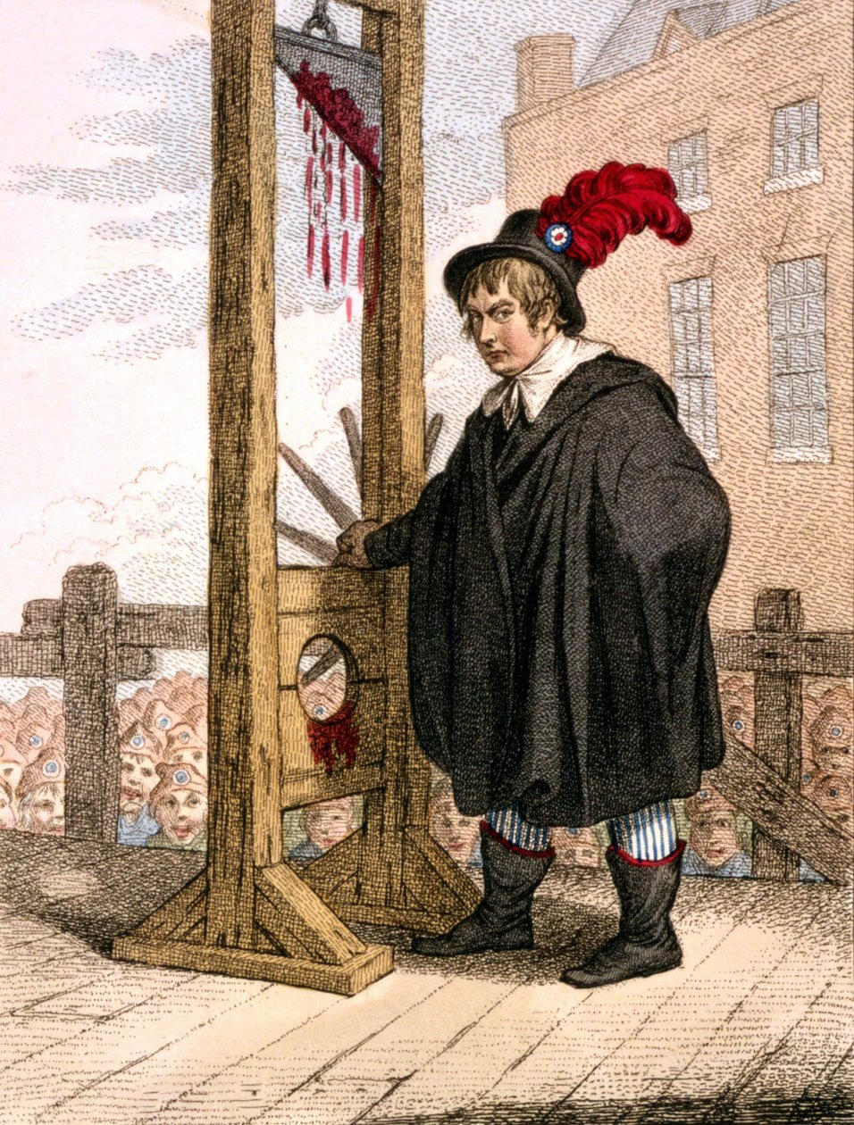 George Tierney przebrany za kata stojącego obok gilotyny. autorstwa Unknown artist