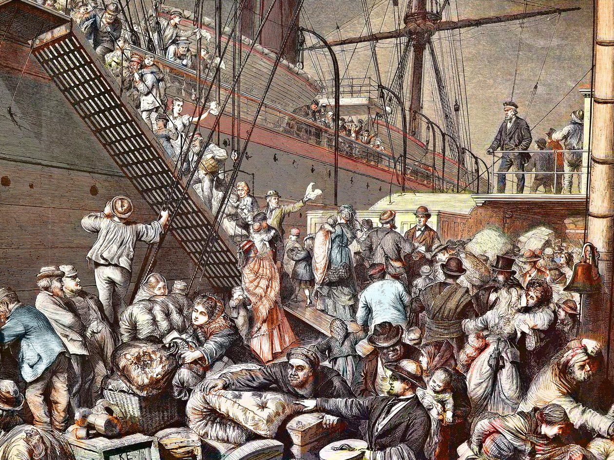 Niemieccy emigranci do Nowego Jorku wsiadający na parowiec Hamburg w 1874, rycina - (Deutsche Emigranten) autorstwa Unknown artist