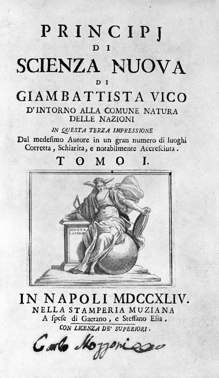 Giambattista Vico. Nazywany również Giovanni, Gian Battista, Jean Baptiste lub Jean-Baptiste. Frontyspicjum „Nowej nauki” autorstwa Unknown artist