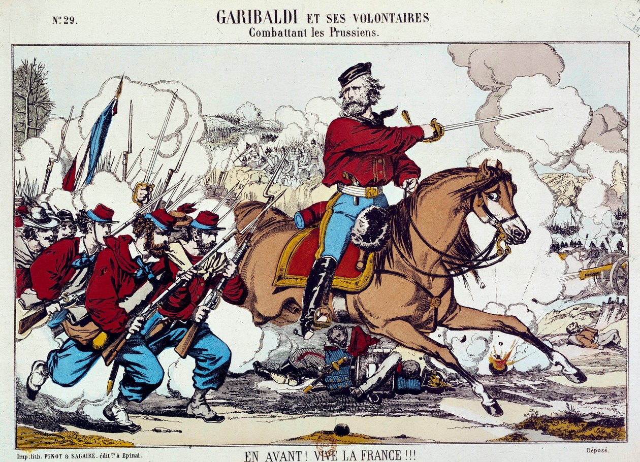 Giuseppe Garibaldi (1807-1882) walczący ze swoimi ochotnikami przeciwko Prusom. „Naprzód, niech żyje Francja” Około 1871 r. Grawerowanie B.N. Paryż autorstwa Unknown artist