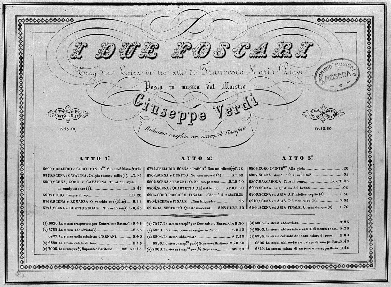 Giuseppe Verdi: nuty na fortepian do opery „I Due Foscari”. autorstwa Unknown artist