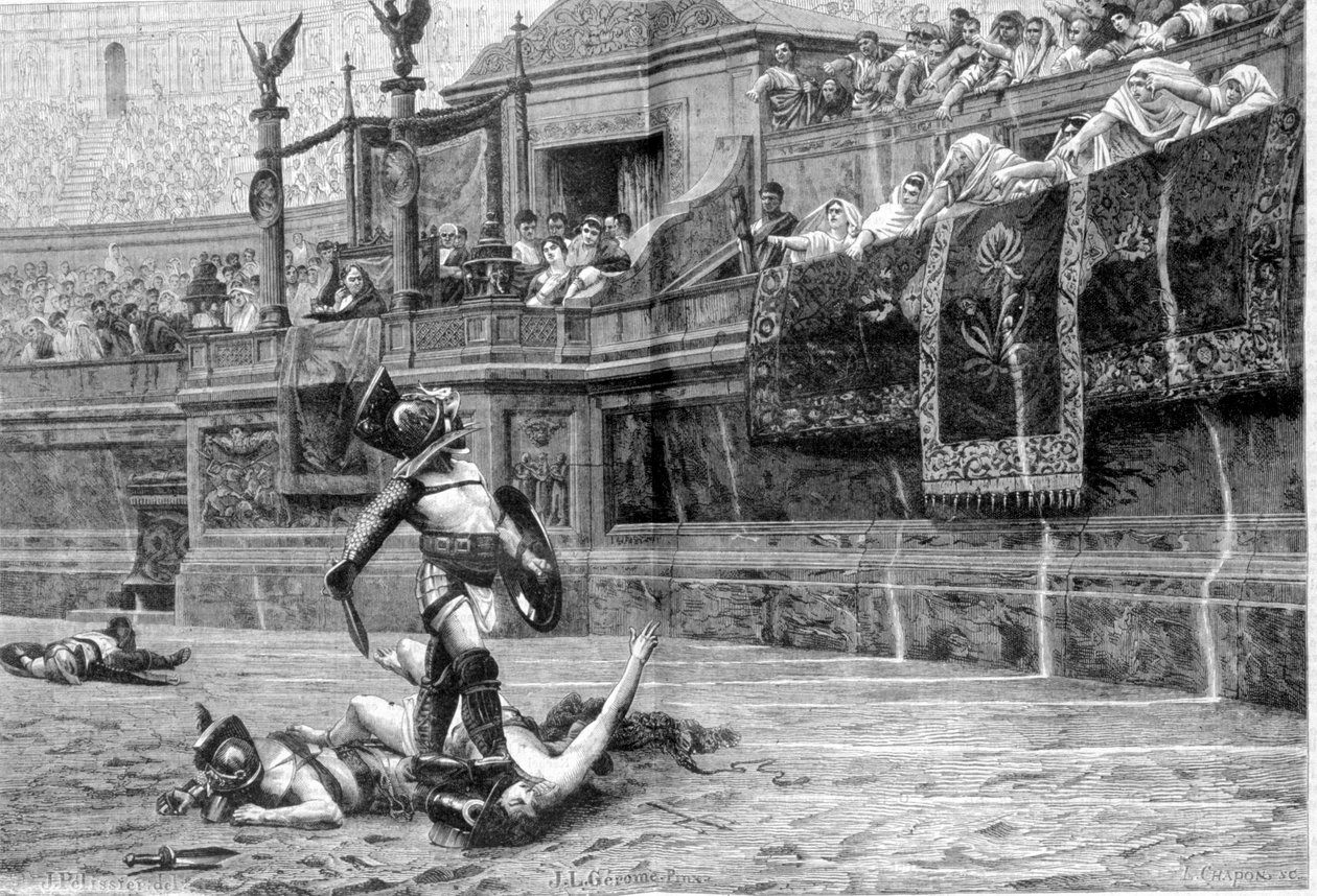 Bitwa gladiatorów w czasach rzymskich po obrazie J L Gerome autorstwa Unknown artist