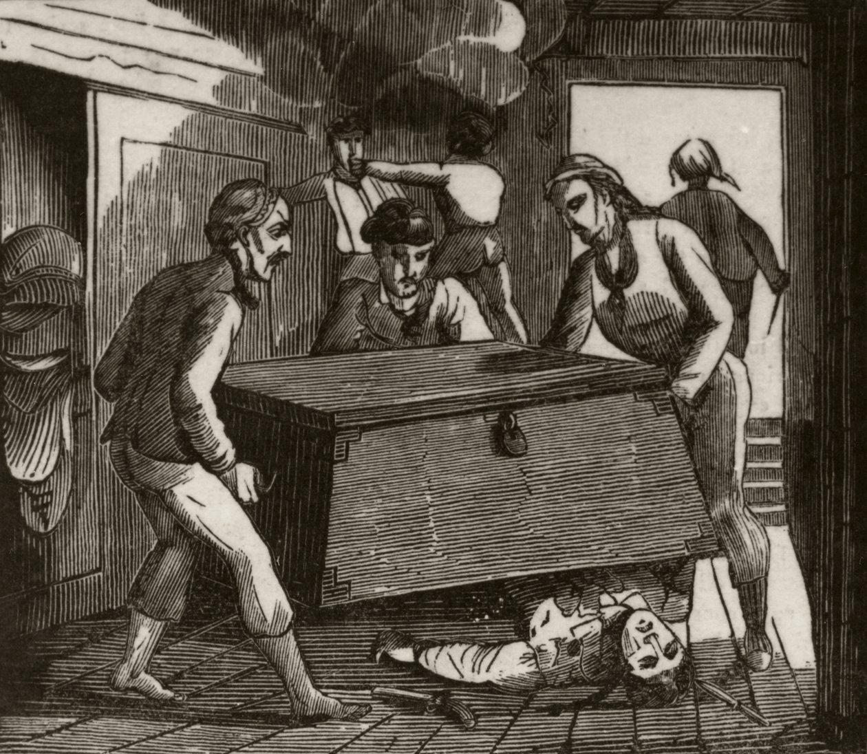„Gordon i jego towarzysze dociskają do śmierci francuskiego kapitana wielką skrzynią”, ok. 1836 r. autorstwa Unknown artist