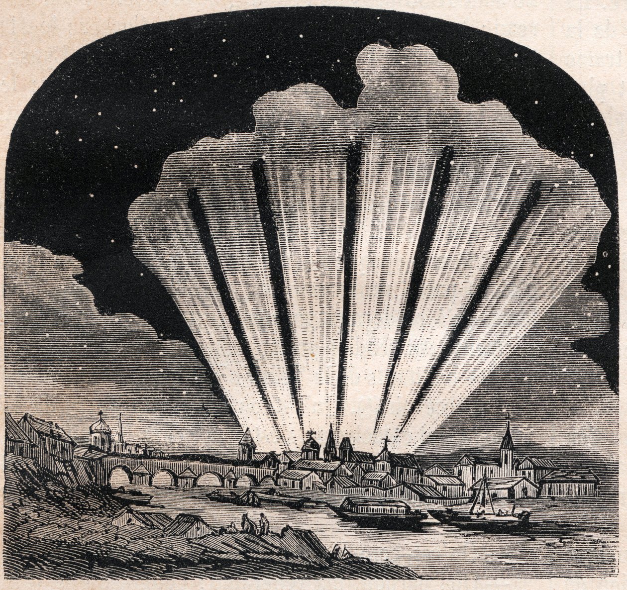 Wielka Kometa z 1744 (C/1743 X1) - Grande comete a six tails de 1744 - Comete de Cheseaux lub Comete Klinkenberg-Cheseaux - grawerowanie około 1867 autorstwa Unknown artist