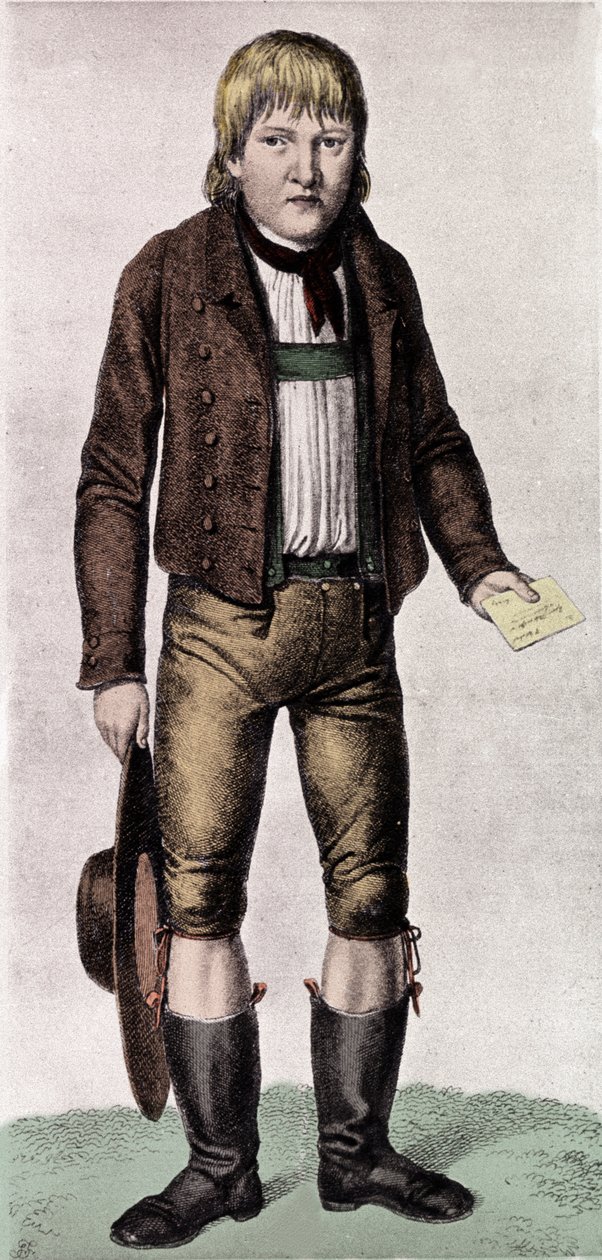 Wielkie Zagadki: portret Gasparda (Kaspara) Hausera przezywanego Sierotą Europy w chwili pojawienia się w Norymberdze około 16 roku życia, 26.05.1828 r. Przyjęto ją ze znakomitej rodziny, ale jej pochodzenie pozostaje tajemnicze. Grawerowanie autorstwa Unknown artist