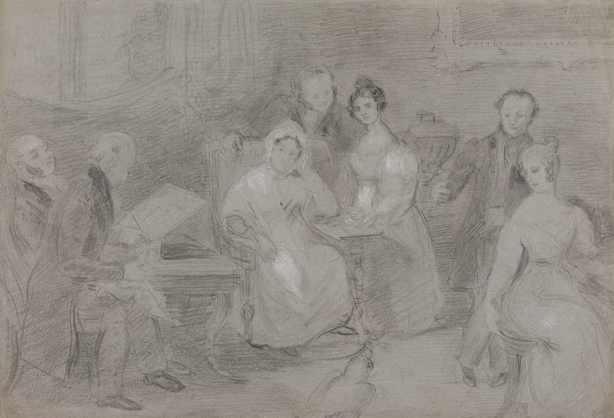Grupa postaci, z mężczyzną malującym akwarelami i dziewczyną podającą filiżanki herbaty autorstwa Unknown artist
