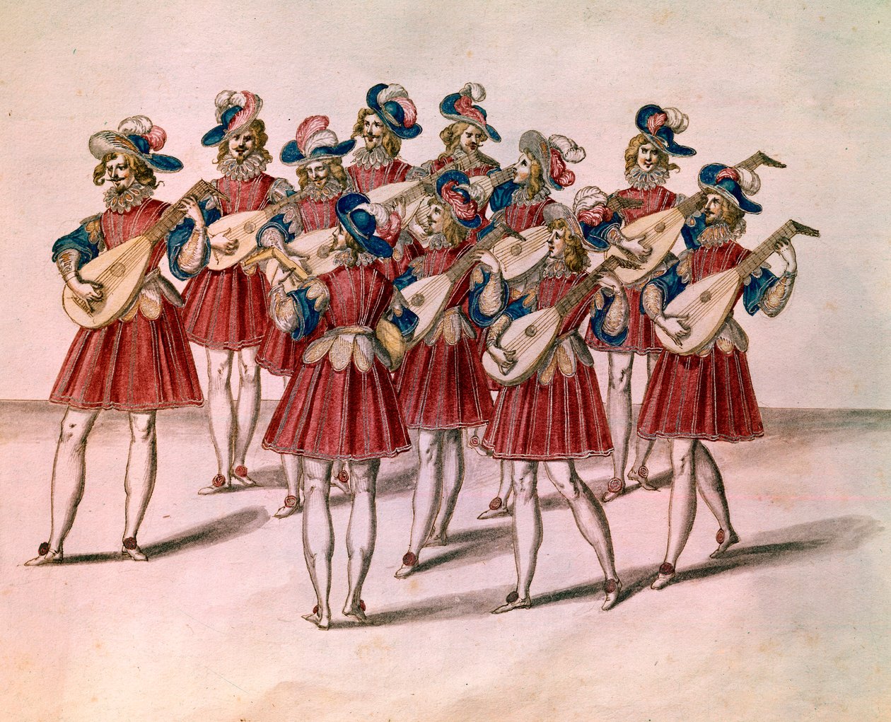 Grupa muzyków grających na lutni. Akwarela i pióro Daniela Rabla (1578-1637) z albumu „Chateau de Bicetre” XVII-wieczny Paryż, Luwr autorstwa Unknown artist