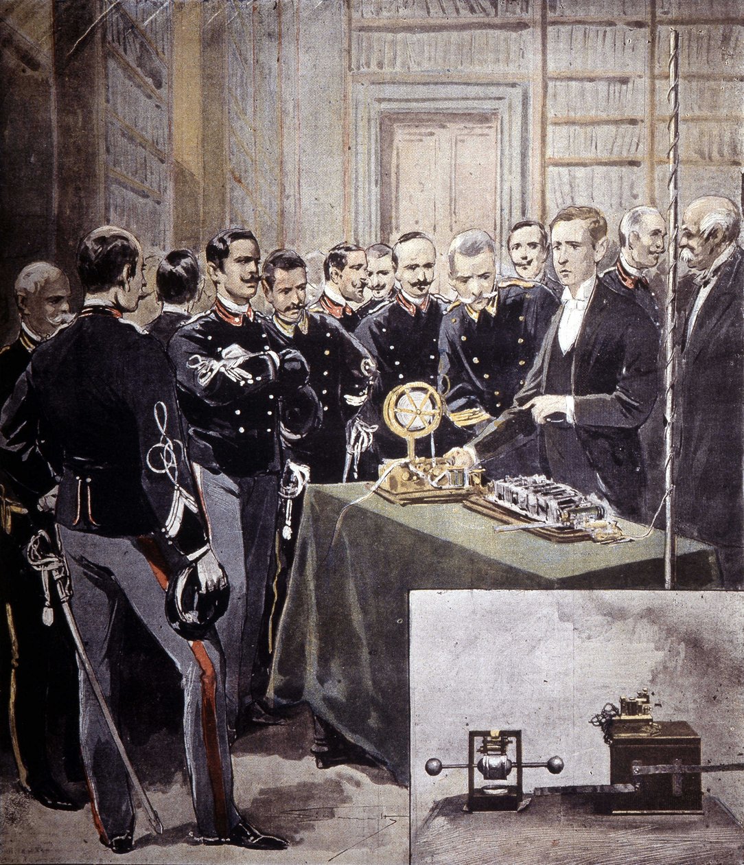 Guglielmo Marconi zaprezentował telegraf bezprzewodowy (TSF) na konferencji w Ministerstwie Marynarki Wojennej w 1897 roku. autorstwa Unknown artist