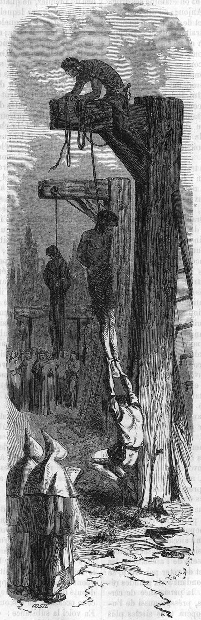 Zawieszenie drzewa oliwnego Diabeł, fryzjer Ludwika XI. Rycina z XIX wieku. autorstwa Unknown artist