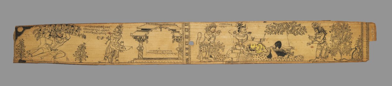 Hanuman przynosi Górę Roślin Leczniczych; Rama wyciąga strzałę z Lakszmany jako Hanuman i niedźwiedź przygotowują się do leczenia go (recto), z romansu Chandrabhanu i Lavanyavati z Upendra Bhanja (Indianin, zm. 1740) autorstwa Unknown artist