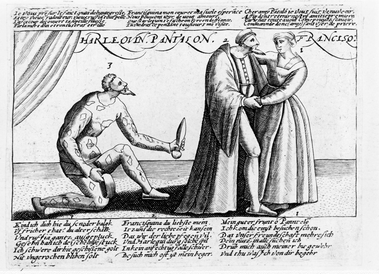 Rogacz arlekina. Seria rycin utworu granego we Francji pod koniec XVI wieku na temat wstydu miłosnego Arlekina i Franceschiny. autorstwa Unknown artist
