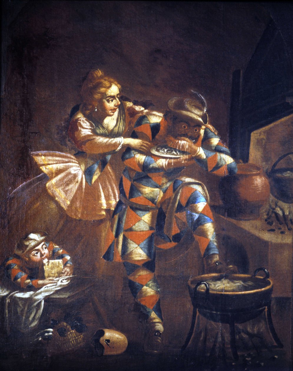 Arlekiński żarłok. Zawsze próbuje złapać coś do jedzenia, symbol nędzy minionych wieków. Malarstwo XVIII wieku. . Mediolan autorstwa Unknown artist