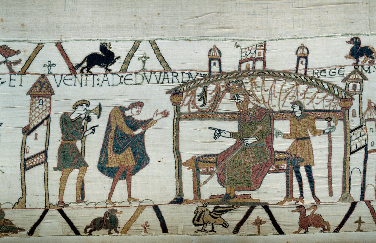 Harold, który wrócił do Anglii, po swojej ambasadzie u księcia Wilhelma Zdobywcy (1027-1087), wyrecytował swoją podróż do króla Edwarda Wyznawcy Detal gobelinu z Bayeux lub haftu królowej Matyldy autorstwa Unknown artist
