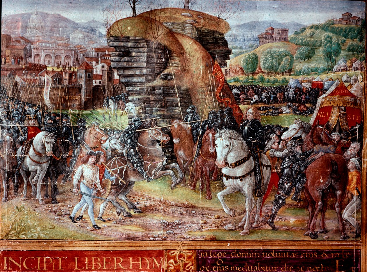 Rycerze hebrajscy pod wodzą Dawida chodzą po miniaturowych filistynach z rękopisu pani Plut. 15/17, fa. 3 „Incipit Liber Hymnorum” XV-wieczna Florencja, Biblioteca Laurenziana, autorstwa Unknown artist