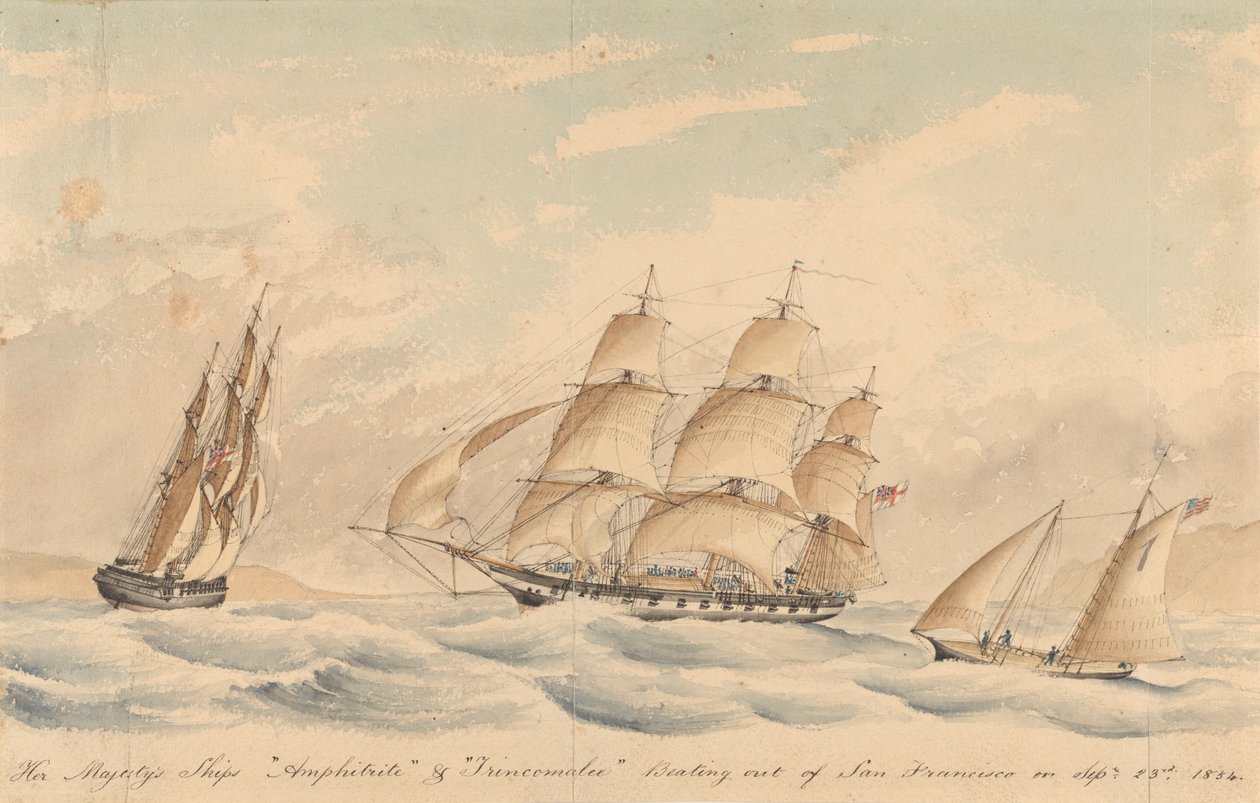 Statki Jej Królewskiej Mości "Amphitrite" i "Trincomalee" opuszczające San Francisco 23 września 1854 r. autorstwa Unknown artist