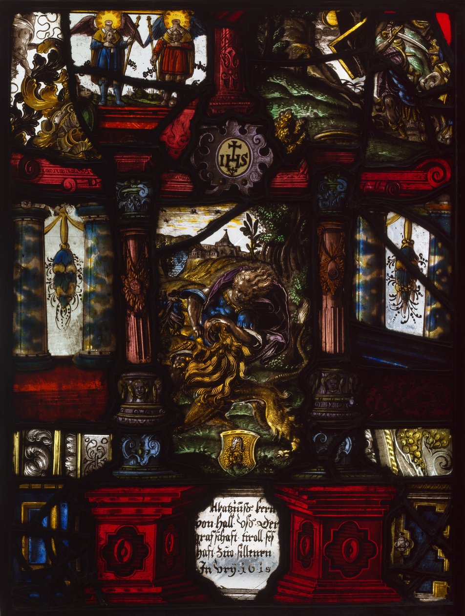 Panel heraldyczny przedstawiający Samsona i lwa autorstwa Unknown artist