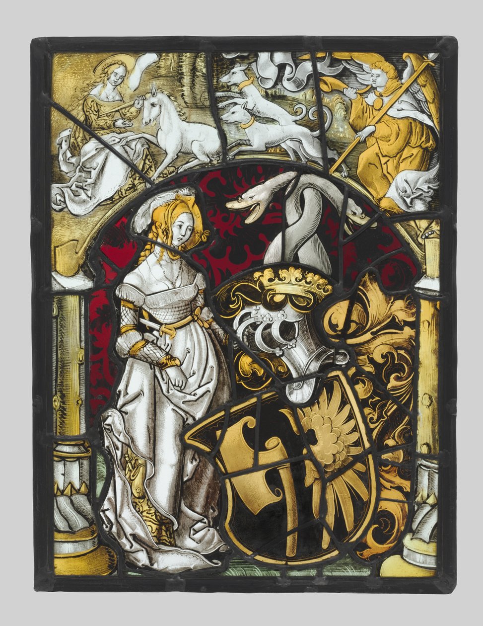Panel heraldyczny z herbami Lichtenfelsa i polowaniem na jednorożca autorstwa Unknown artist