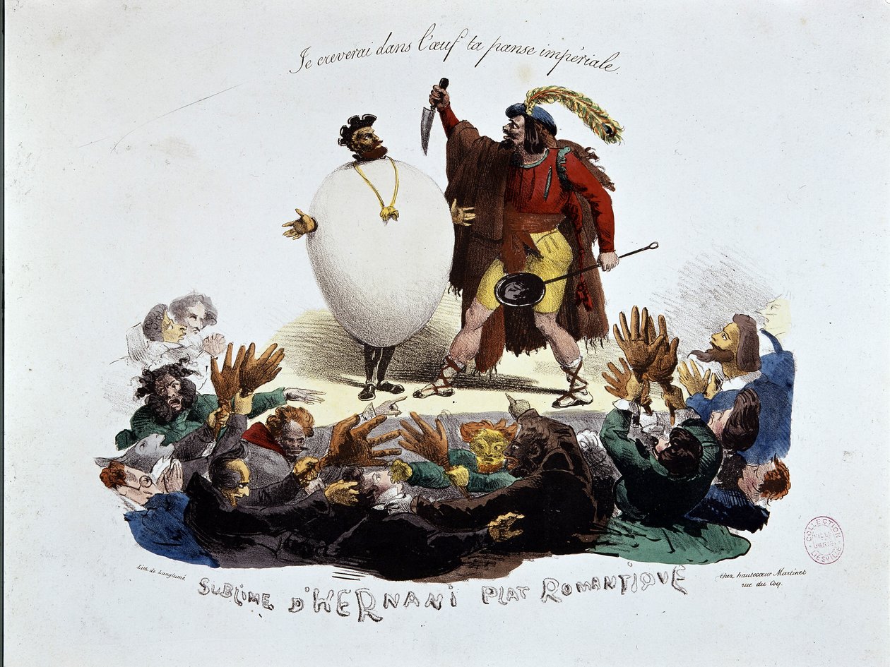 Wysublimowane, romantyczne danie Hernaniego - komiks o sztuce Victora Hugo „”Hernani””(„Bitwa pod Hernani”), litografia anonimowa autorstwa Unknown artist