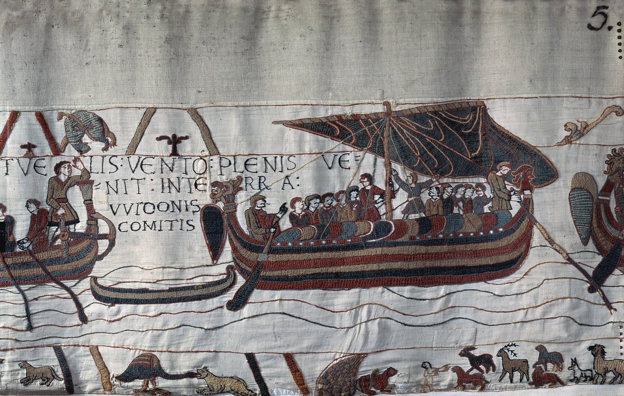 Porwany przez burzę statek Harolda II (1022 - 1066) utknął na wybrzeżu Ponthieu - Gobelin z Bayeux, znany jako Haft Królowej Matyldy autorstwa Unknown artist