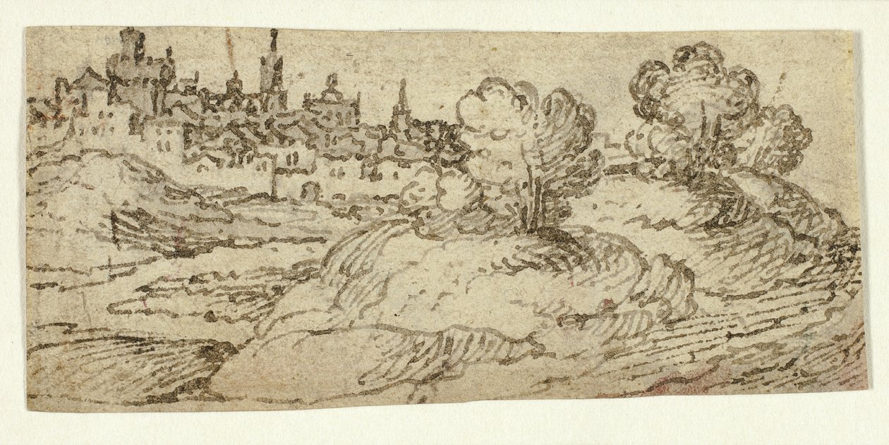 Miasto na wzgórzu z drzewami na pierwszym planie autorstwa Unknown artist