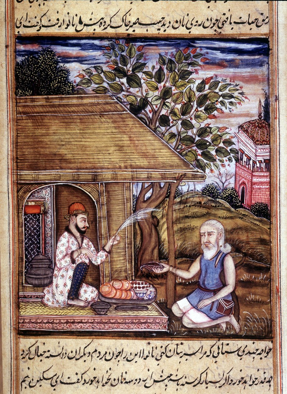 Hinduizm: przedstawienie santona dającego jałmużnę. Miniatura z XV-wiecznego rękopisu. autorstwa Unknown artist